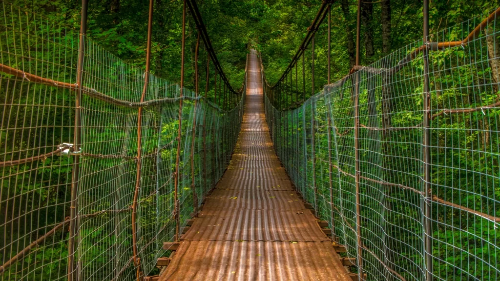 View of suspension bridge with green surroundings, representing angkula seo suspension bridge adventure